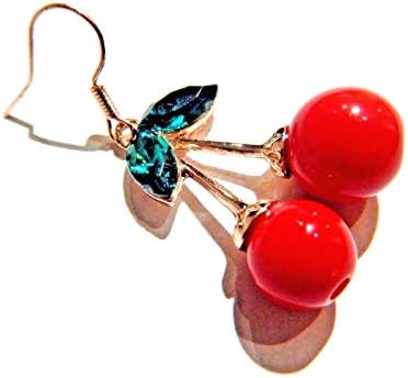 Cherry Earrings red fruit and green leaves pendants on goldtone ear wire image 4