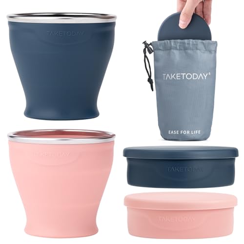 TakeToday 2PCS Collapsible Travel Cup - Silicone Foldable Water Cup, BPA-Free with Lid & Waterproof Bag - Drinking Cup Set for Camping, Outdoors & International Travel(8 Oz, Navy & Lowcountry Peach)
