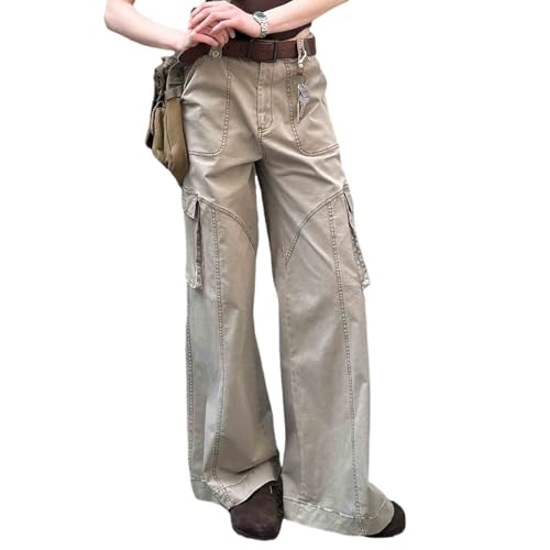 Unisex Retro Khaki Straight Leg Overalls Look Slim, mid Waist, Large Pocket Casual Pants