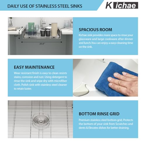 Image of Kichae 25 Drop In Kitchen Sink - 25x22x5 ADA Compliant Drop Sink Stainless Steel 16 Gauge Single Bowl Topmount Round Corner Handmade Shallow Basin