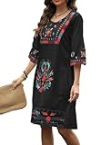 AK Traditional Mexican Dress for Women Floral Embroidered 3/4 Sleeve Boho Dress, Summer Fiesta Peasant Dresses, 60's Vintage Clothing