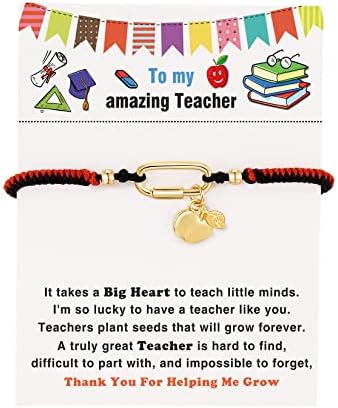 FERVENT LOVE Back to School Teacher Gifts Gold Apple Charm Bracelets for Women Teacher Appreciation Gifts for Women Thank You Gifts for Women Black and Red Thread Braided Teacher Bracelet, FLBR06A