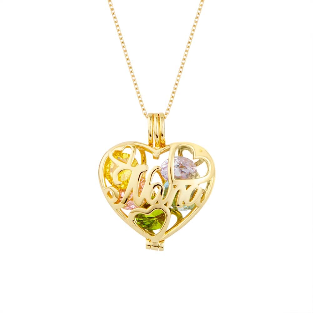 EVE'S ADDICTION Gold Custom Nana's Caged Heart Shaped Birthstone Caged Locket Pendant (16" chain length) - Personalized Locket Necklace for Grandma -