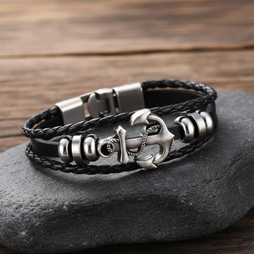 Image of Black Braided Leather Bracelet For Men