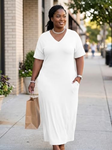 Image of Plus Size Maxi Dress for Women Short Sleeve V Neck Casual Loose Sundress with Pockets
