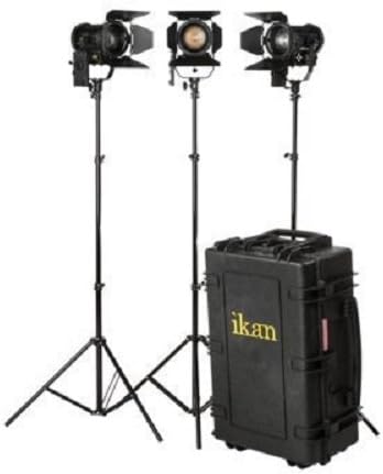 Ikan Helia (3x) 40W Bi-Color LED Fresnel Light Kit, 2700-5600K, 4 inch Fresnel, Barn Doors, Stands and Case Included (HF40-KIT) - Black