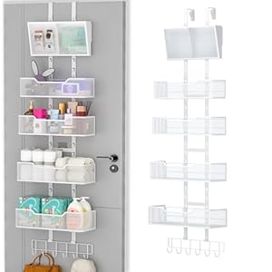 Adjustable Over The Door Organizer, Hanging Door Storage with PVC Pocket and 4 Metal Baskets Wall Mount, Closet Door Organizer Behind Door Rack for Bathroom Bedroom Closet, White