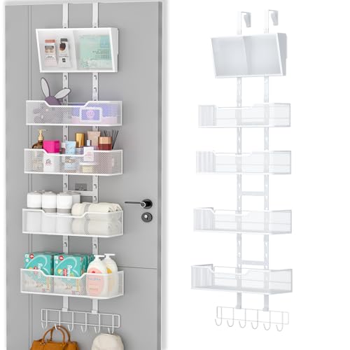 Image of Hongtamoya Adjustable Over The Door Organizer, Hanging Door Storage with PVC Pocket and 4 Metal Baskets Wall Mount, Closet Door Organizer Behind Door Rack for Bathroom Bedroom Closet, White