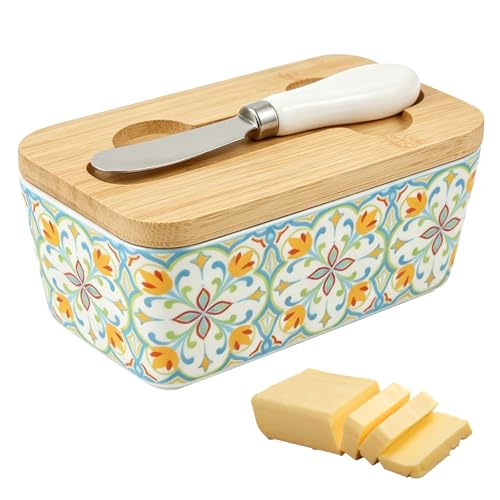 Image of Ceramic Butter Dish with Lid, 500ml Floral Pattern Butter Dish with Knife, Covered Butter Dishes for Counter or Table