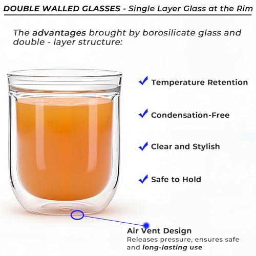 Aquach Double Wall Glass Espresso Coffee Cup 8 oz. 2pcs, Clear Drinking Glasses Insulated, Single Wall Mouth/Double Wall Body