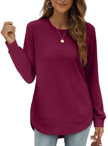 Image of OFEEFAN Womens Sweatshirt Crewneck Long Sleeve Shirts High Low Tops Curved Hem