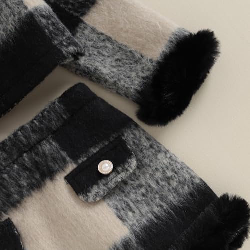 2PCS Baby Girls Plush Plaid Outfit Lapel Long Sleeve Fur Hem Button Jacket Shrug + A-line Skirt Sets4