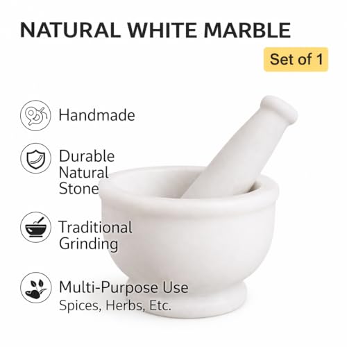 Image of White Marble Mortar and Pestle Set 5 Inch Natural Stone Spice Hand Grinder for Kitchen Herbs Masala Garlic Crusher Heavy Duty Khalbatta for Home Cooking