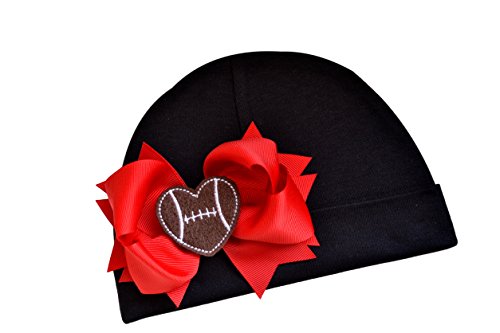Funny Girl Designs Football Hat With Grosgrain Bow and Embroidered Felt Heart Football (Black Hat with Red Bow)