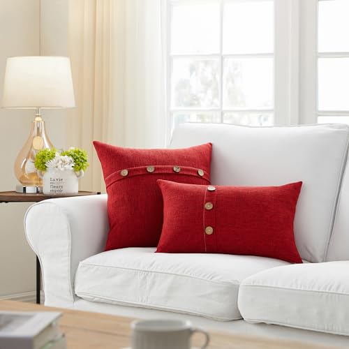 Meekio Set of 2 Christmas Pillow Covers 18 x 18 for Christmas Decorations Farmhouse Pillow Covers with Coconut Buttons