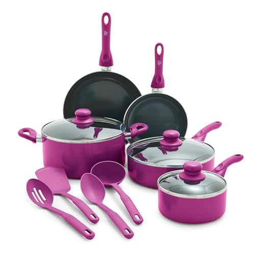 GreenLife Essentials 12 Piece Cookware Set, PFAS-Free Ceramic Nonstick Pots & Pans, Induction Ready for All Cooktops, Kitchen Cooking & Serving Utensils, Dishwasher Safe, Magenta Pink
