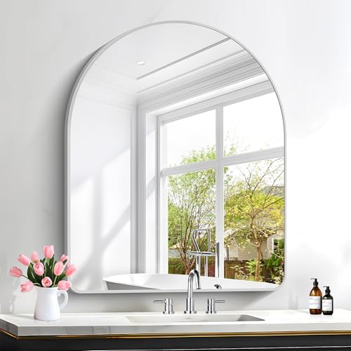 Image of FORBATH Arched Bathroom Mirror 30x36 Inch, Arch Wall Mirror with Silver Aluminum Frame, Arched Mirror for Dresser, Fireplace,Entryway,Home Decor,Hanging or Leaning Against Wall