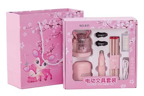 Image of Magicwand Battery Operated Pencil Sharpener,Electric Eraser,Vacuum Cleaner Stationery Set with 10 Eraser Refills for Kids,Adults for Home Office School【Cute Deer Pink】
