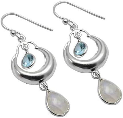 Silver Palace Sterling Silver Handmade And Natural Rainbow Moonstone And Blue Topaz Earring For Womens