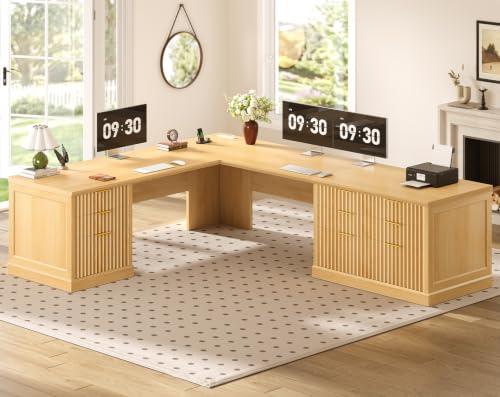 Image of SEDETA Fluted 78.8 inch L Shaped Desk with 6 Drawers, Fluted Oak | Home Office Desk with Power Outlet, File Cabinet Storage, Wood Corner Computer Desk for Work and Study