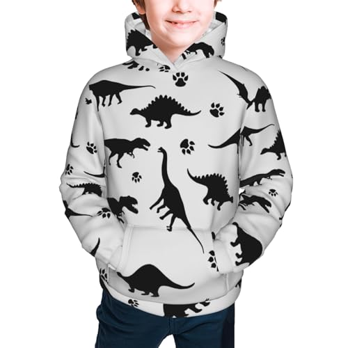 White Black Dinosaur Silhouettes Boy, Girls Sports Shirt Youth Pullover Fashion Hooded Sweatshirt
