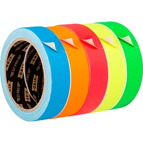 GRIP Eventbasics GT PRO Neon Tape 5er Set, fluoreszierendes Gewebeband 25 mm x 10 m, matt und reflexionsfrei, UV Tape in 5 Farben (neongrün, neonpink, neonblau, neonorange, neongelb)