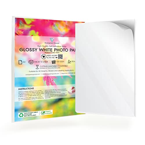 Evergreen Goods Papel adhesivo fotográfico imprimible A4, multiusos, ideal para etiquetado de productos, brillante, autoadhesivo, a prueba de salpicaduras, compatible con inyección de tinta y láser