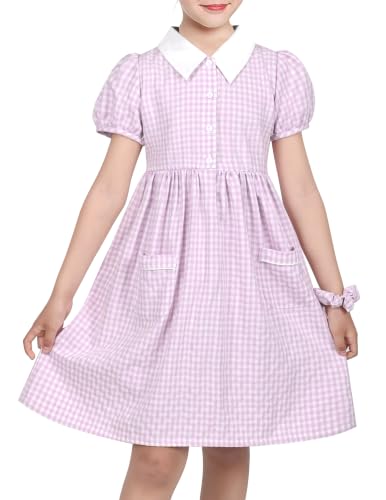 Image of Sunny Fashion Girls Dress Purple Gingham Plaid Pocket School Outdoor Holiday Summer Age 7 Years