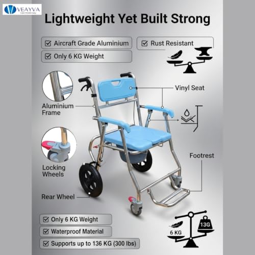 Image of VEAYVA Premium Shower Commode Wheelchair for Adults & Elderly | 3-in-1 Foldable Reclining Aluminium Wheelchair | 12 Inch PVC Rear Wheels with Hand Brakes | Fully Waterproof | Lockable Front Wheels | Bedside Commode & Shower Chair (12 INCH)