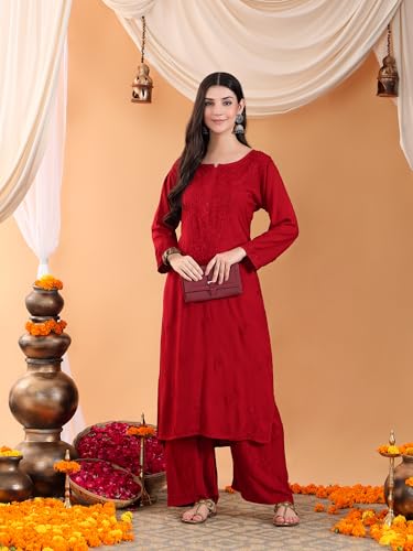 Image of POSHAK CHIKAN STUDIO Women's Hand Embroidered Lucknowi Chikankari Rayon Co-ord Set