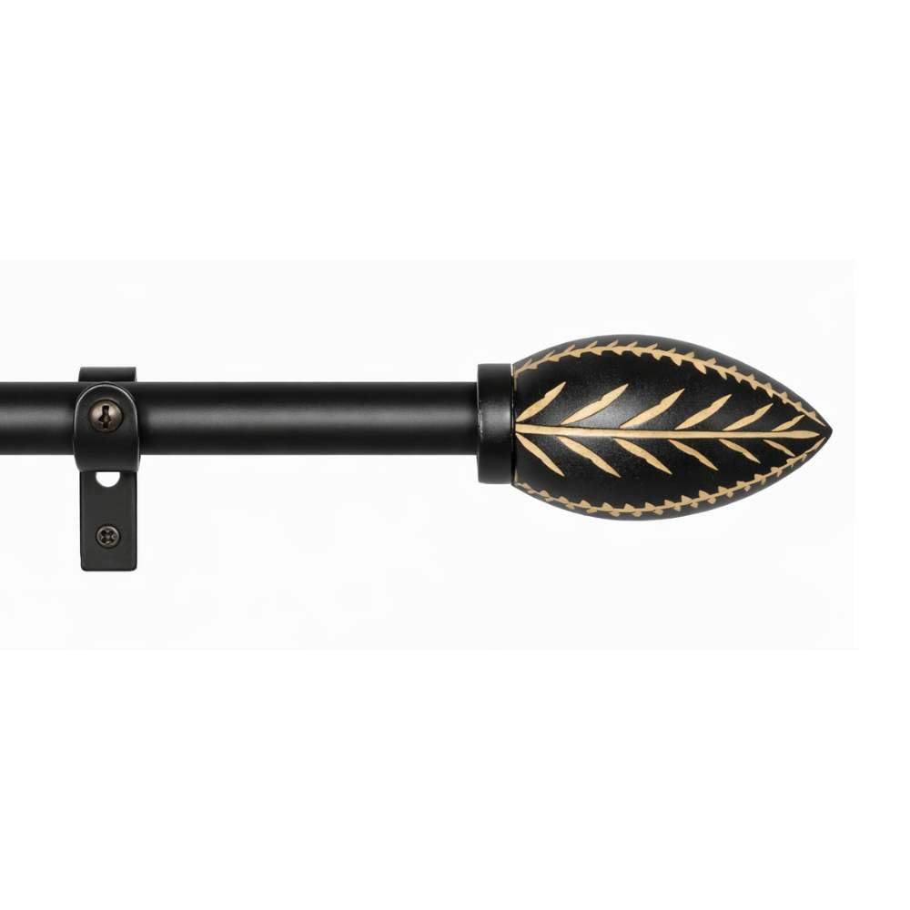 The Decor Mart 28"-48" Adjustable Curtain Rod for Door & Windows with Brackets Set Curtains Hanging Extendable Iron Metal Pipe Holder with Manifesto Wooden Finial (Black, 0.75" Diameter)