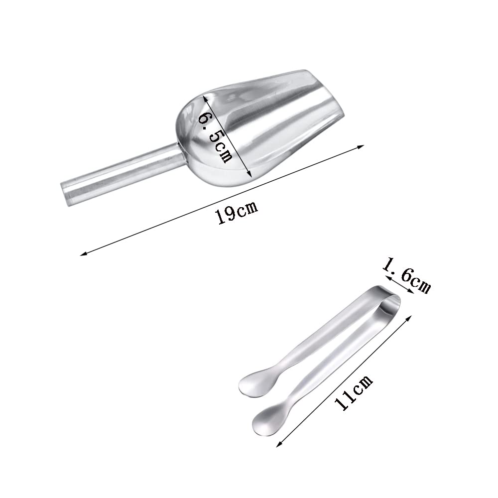6 Pinzas y 2 Palas de Comida de Acero Inoxidable Plateado, Candy Clip|Pinzas para Hielo, 11*1,6 cm