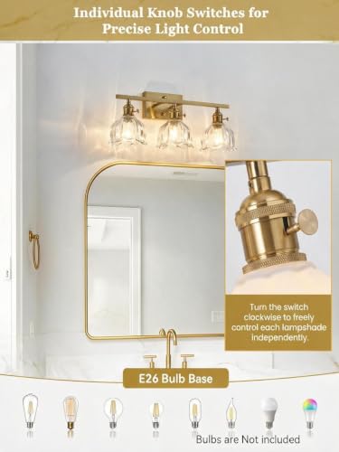 Image of 3-Light Vintage Bathroom Vanity Light, 19.4 inch Brass Hardwired Wall Sconce with Amber Tulip Glass Shades, Brushed Gold Vanity Light for Mirror, Restroom, Bedroom (Clear, 3-Light)
