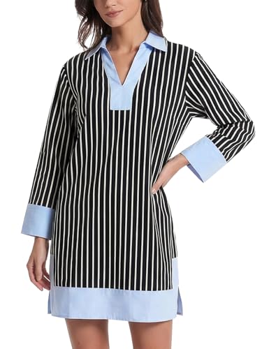 Image of Kedera Women's Summer Striped Dress Long Sleeve V Neck Collared Shirt Mini Dresses 2025 Trendy with Side Slit