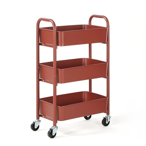 Image of SunnyPoint 3-Tier Delicate Compact Rolling Metal Storage Organizer - Mobile Utility Cart Kitchen /Under Desk Cart with Caster Wheels (RED, 15.35 inch X 10.24 inch X 26.8 inchH)