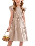 Arshiner Toddler Dresses Summer Beach Party Cotton Linen Girls Ruffle Dress Beige 2Y