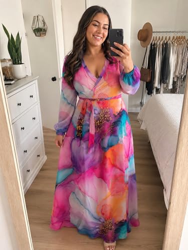 Image of PinkPatty Women's Long Sleeve Maxi Dress Plus Size Trendy Wedding Guest Wrap Dress with Pockets&Belt