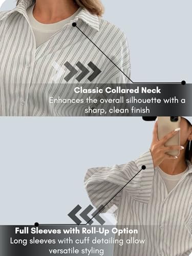 Image of GRECIILOOKS Striped Shirt for Women | Korean Style Full Sleeve Oversized Button Down Shirts | Tops for Women | Shirt for Woman | Plus Size Top for Office & Casual Outfit
