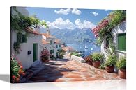 Mediterranean mountain town sea view oil painting canvas art prints for hanging on wall, featuring fade-resistant ink which ensures long lasting vibrant colours, hand stretched around an 18mm thick pine wood frame. 30 DAYS RETURNS- Buy with confidenc...