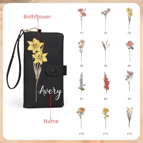 Personalized Wallet for Women Custom Birth Flower & Name Wristlet Women Wallets Leather Purse for Women Card Holder Wallet Gifts for Women Mom (Black)2
