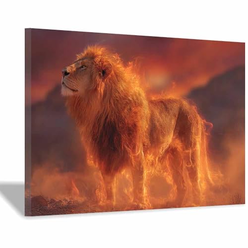 Tableau lion roi du feu CUDAOO cadre orange 60x80cm