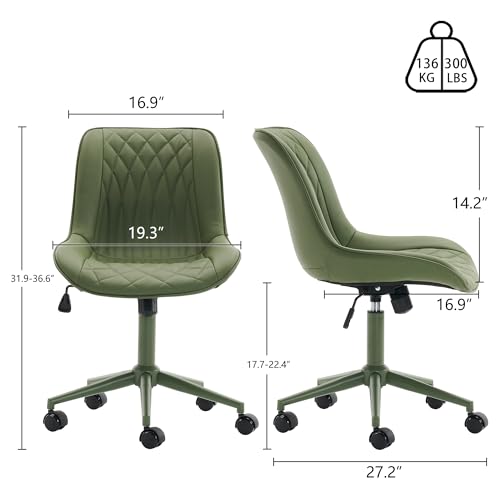 Image of YOUNIKE Faux Leather Office Desk Chair Comfy Vanity Chair Armless Green | Ergonomic Upholstered Rocking Back, Swivel with Wheels, Height Adjustable, Modern Task Chair For Computer Sewing Drafting