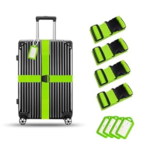 8 Pack Luggage Straps and Tags Set, Luggage Straps for Suitcases TSA Approved, Premium Nylon Belts for Luggage Security, Bright Colour Adjustable Luggage Belts- 4 Straps- 4 Tags(Green)