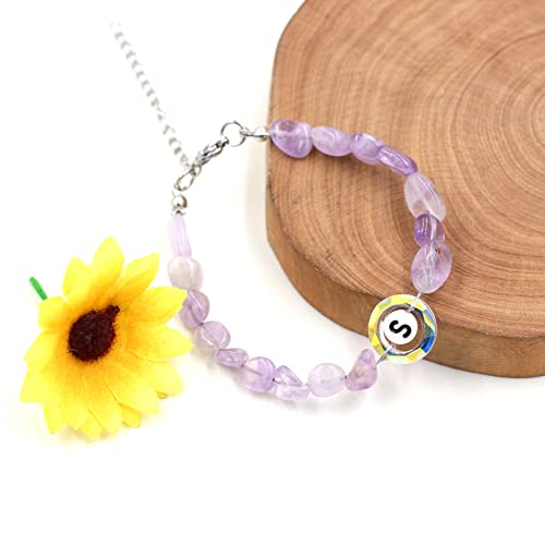 Image of Uloveido Purple Natural Stone and Austrian Crystal Letter Bracelet, Personalized Initial Jewelry for Women A-Z 26 Letters