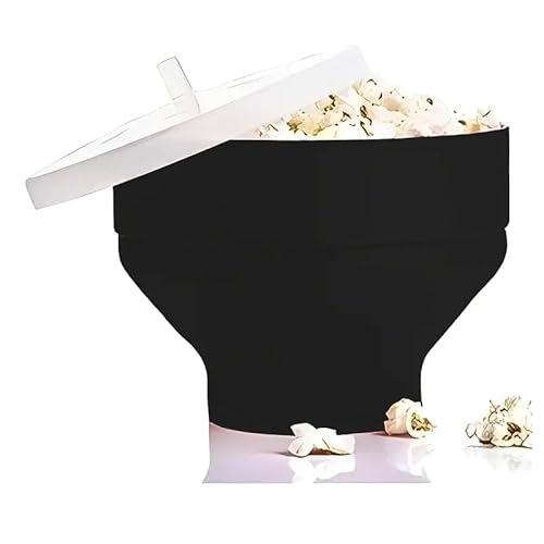 Microwave Popcorn Popper Bowl – Collapsible Silicone with Lid for Oil-Free Popping – BPA-Free, Dishwasher Safe, Black – Reusable Popcorn Maker for Healthy Snacks & Family Movie Nights (Black)