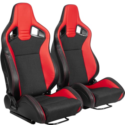 2 Pieces Universal Racing Seats with Dual Lock Sliders, Red PVC Leather Black Breathable linen Bucket Seats, For Car Use, Not Including Seat Bracket