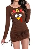 Leevuyu Thanksgiving Dresses for Women 2024 Crewneck Long Sleeve Funny Turkey Dresses Brown S