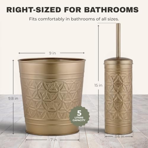 Image of Autumn Alley Farmhouse Antique Gold Bathroom Accessories Set - Includes Gold Bathroom Trash Can & Toilet Brush with Holder, Handcrafted Modern Waste Bin & Standing Toilet Brush, Embossed Metal Decor