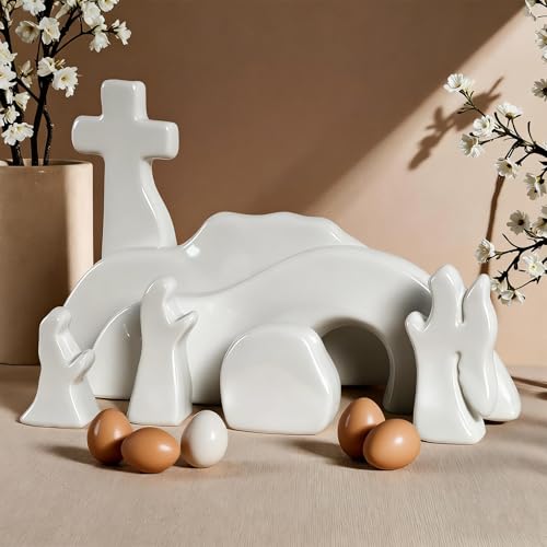 Image of NEROSUN Empty Tomb Easter Scene and Cross Decoration, Ceramic Resurrection Scene Cross Jesus Tomb Decor, Christmas Decoration Jesus Nativity Scene for Religious Home Office Tabletop Christian Gifts
