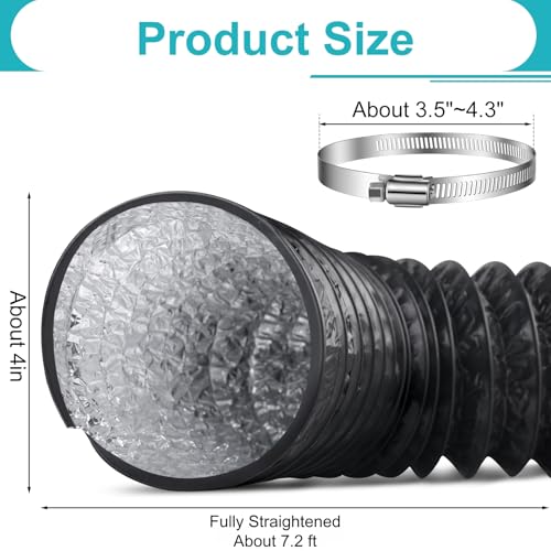 Dryer Vent Hose,4 Inch x 7.2 FT Flexible Aluminum Duct-PVC Aluminum Foil Multi-Layer Air Ducting for HVAC Ventilation, Exhaust Fan,Grow Tent,2 Clamps Included - Thumbnail 2